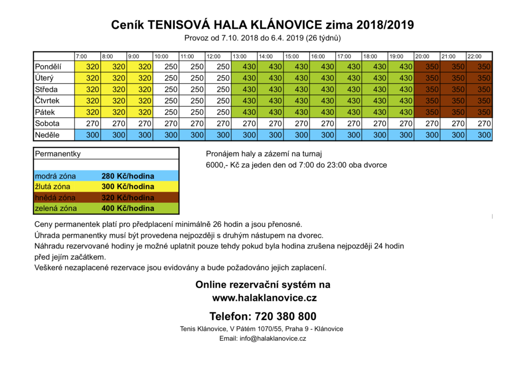 Ceník tenisová hala Klánovice